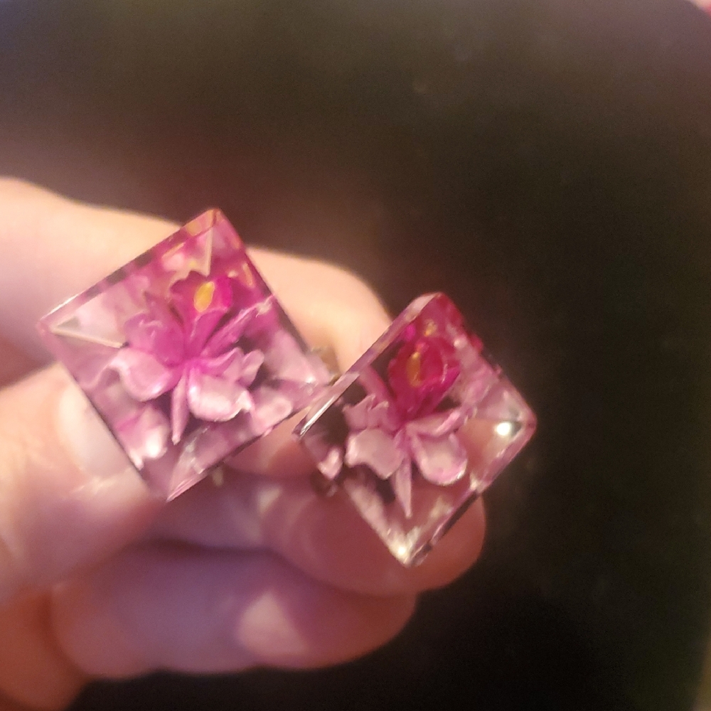 Vintage Floral Pink Orchids Resin Earrings